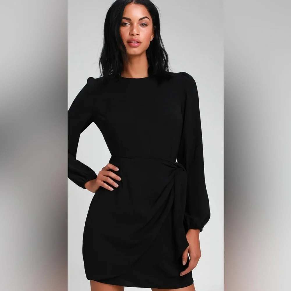 Lulus Believe It or Knot Black Long Sleeve Tie-Front Skater Mini‎ Dress Size XL - Picture 2 of 11